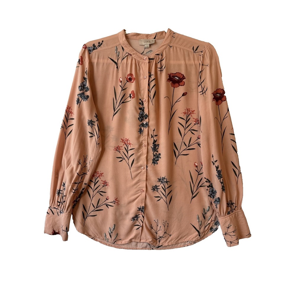 Loft Peach Floral Lng Sleeve Collarless Button Up Shirt XS Cottagecore Boho Chic